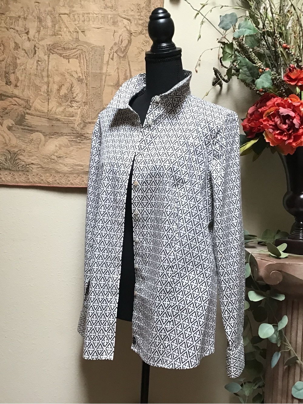 Talbots Black & White Geometric Print Shirt Jacket
